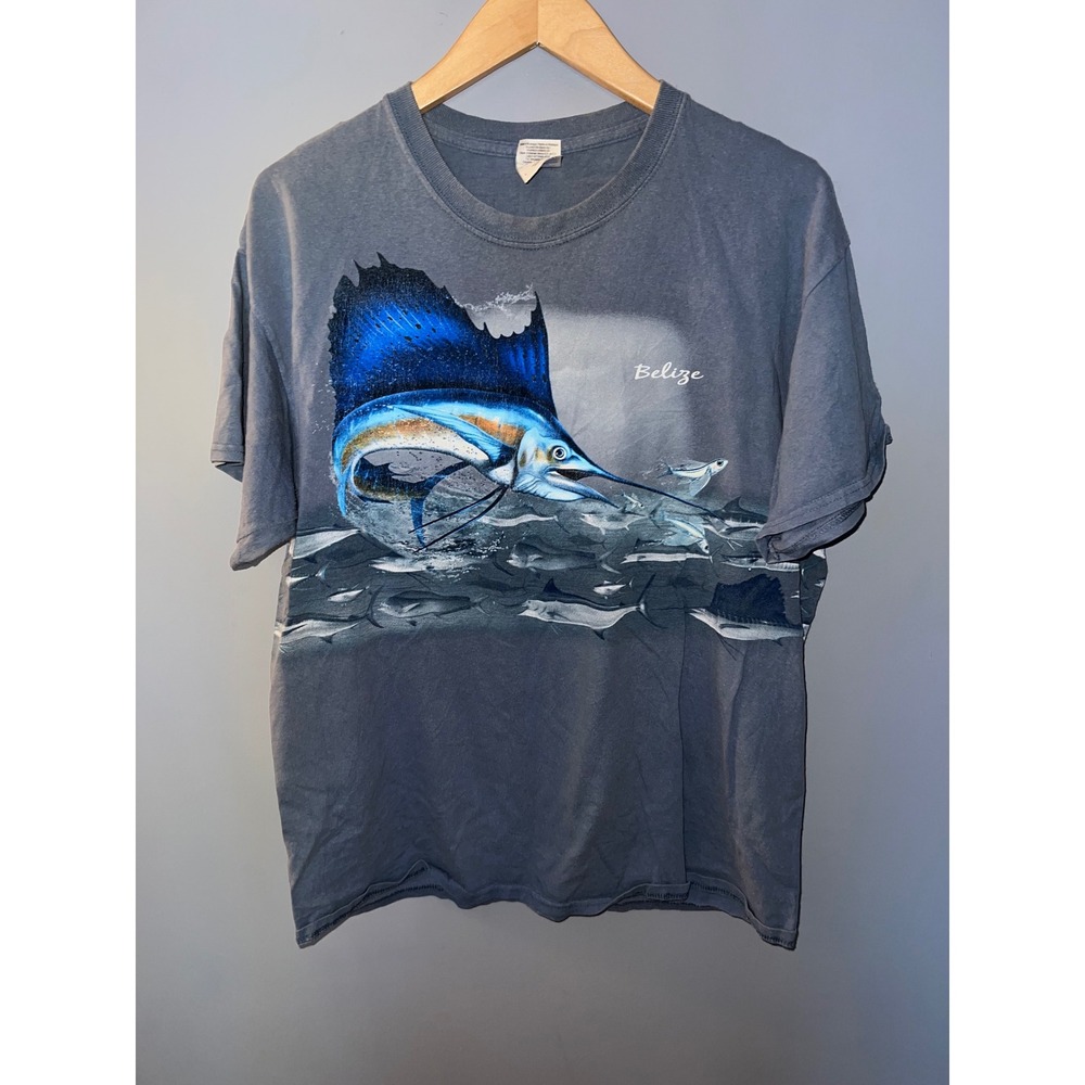 Gildan Heavy Cotton‎ Belize Sailfish Marlin Graphic T-Shirt Mens Large Blue Gray